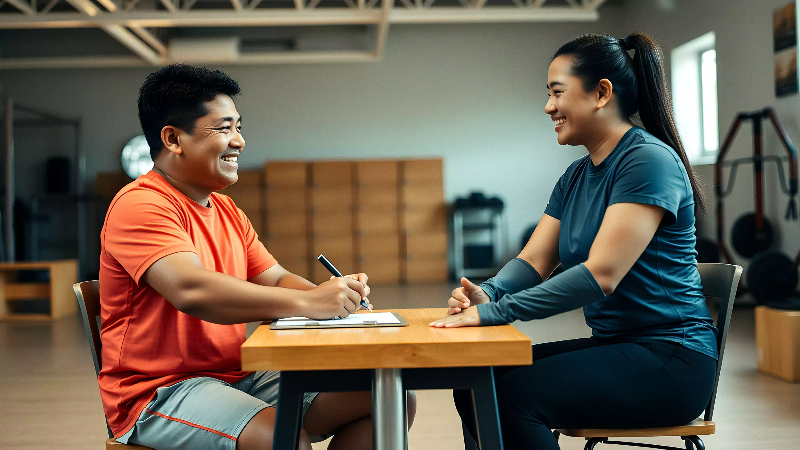A coach taking a new member's blood pressure before her first session