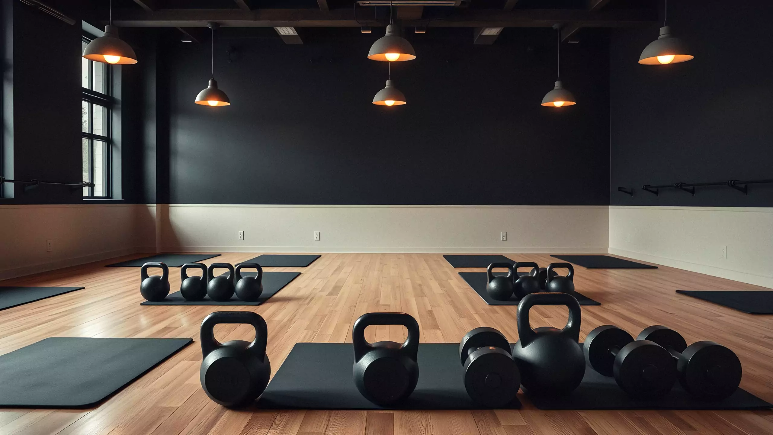 An empty studio set for class: mats, kettlebells and warm pendant lights
