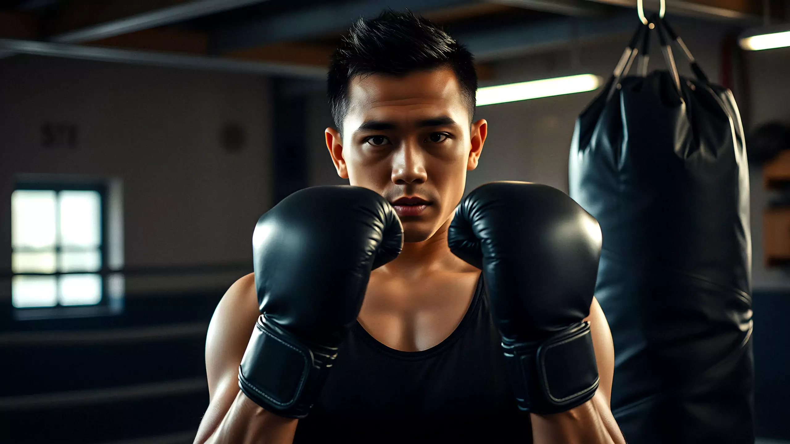 A member throwing a punch at a heavy bag