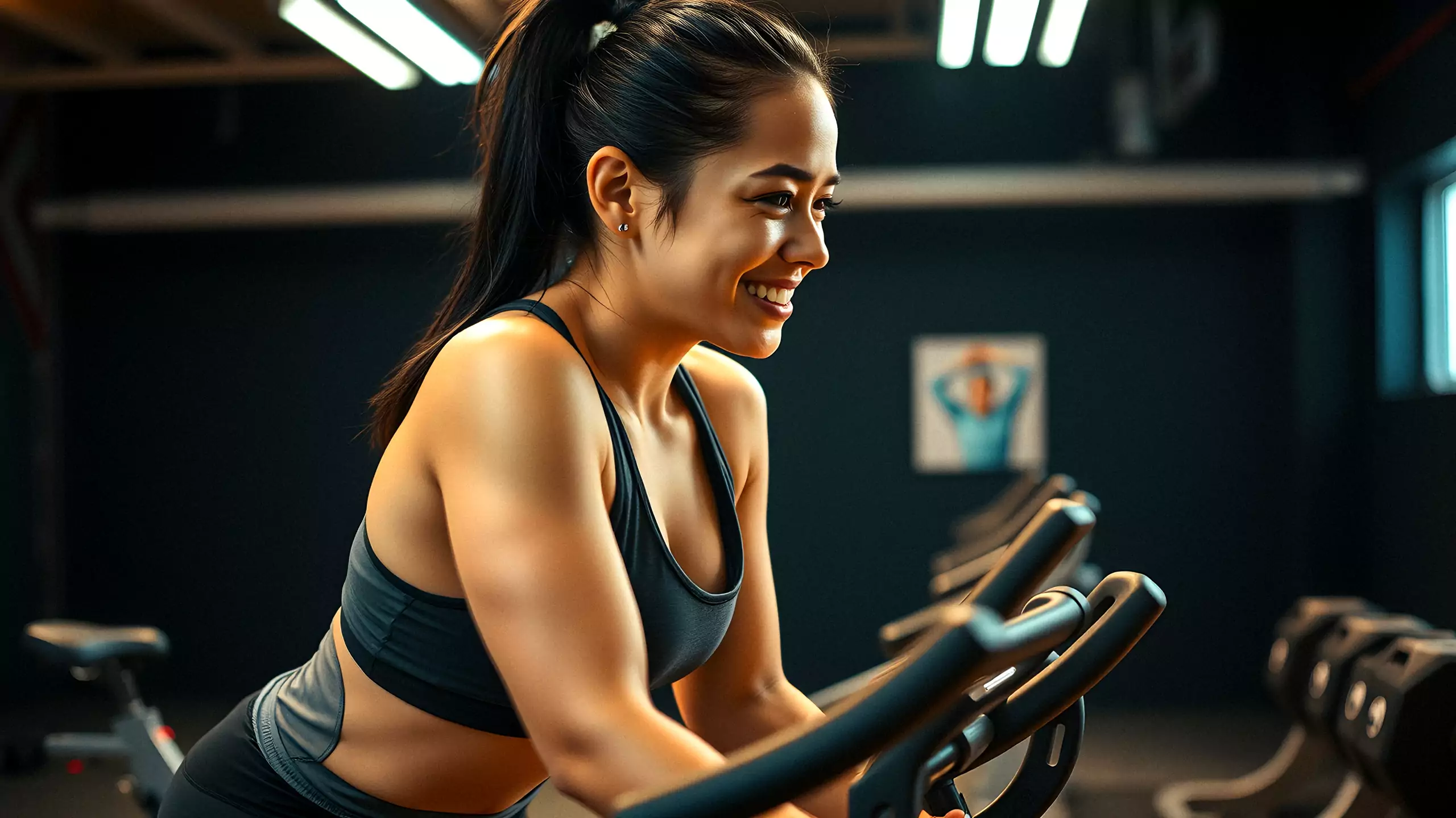 A rider out of the saddle in the amber-lit cycling studio
