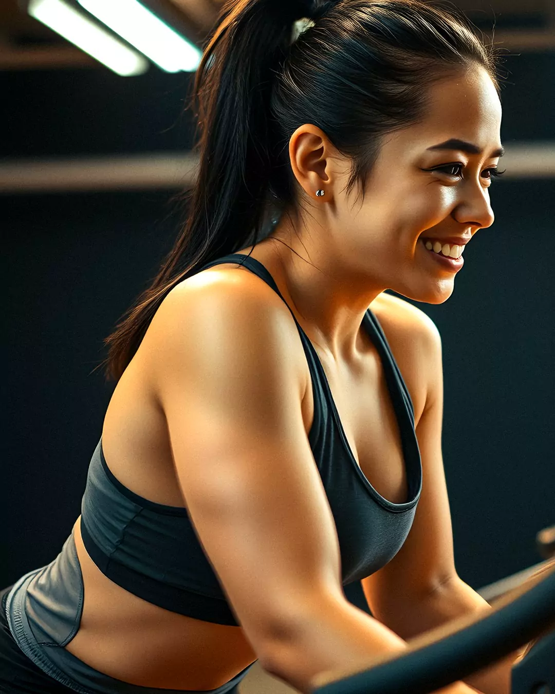 A rider out of the saddle in the amber-lit cycling studio