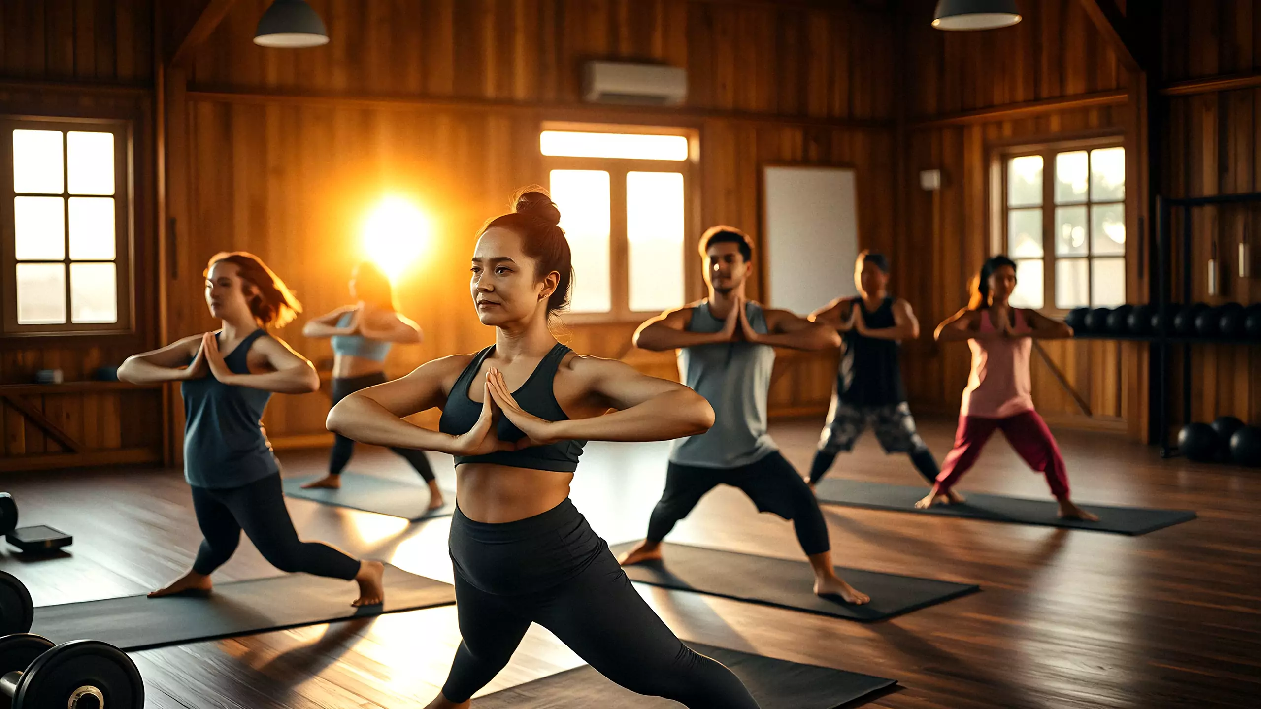 A yoga class holding warrior pose in a wooden studio at sunrise