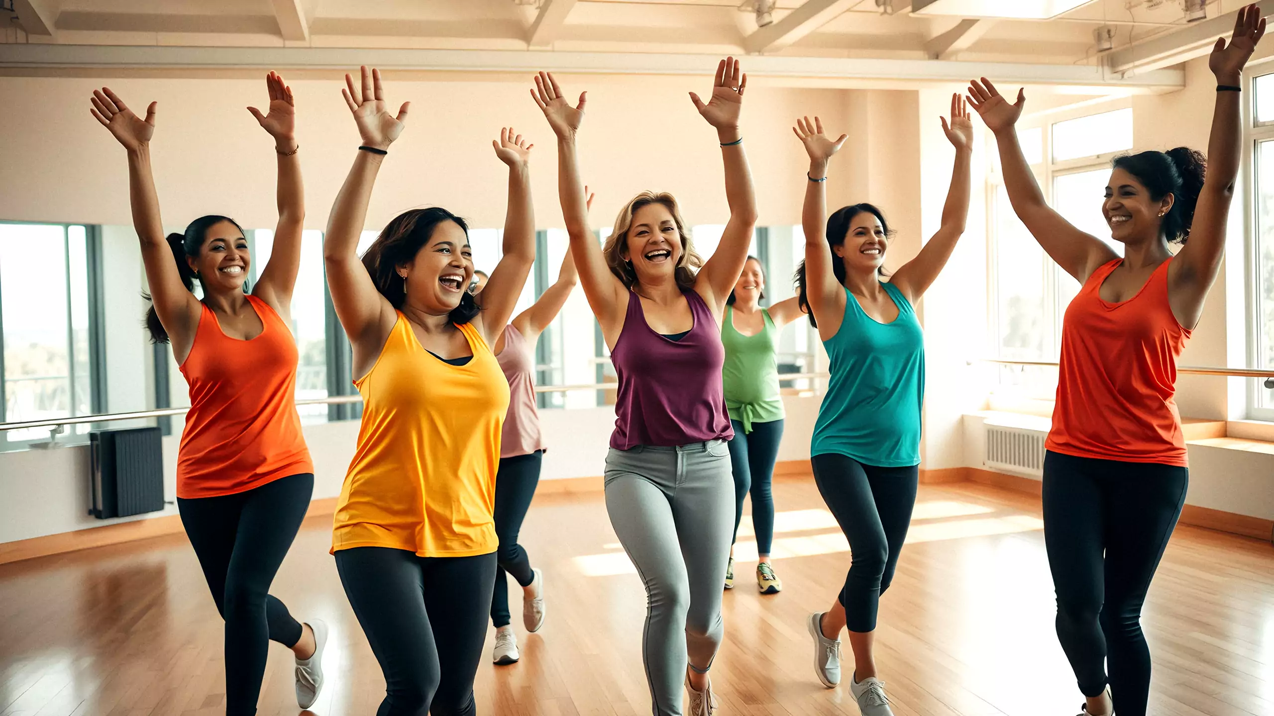 A dance fitness class mid step, laughing