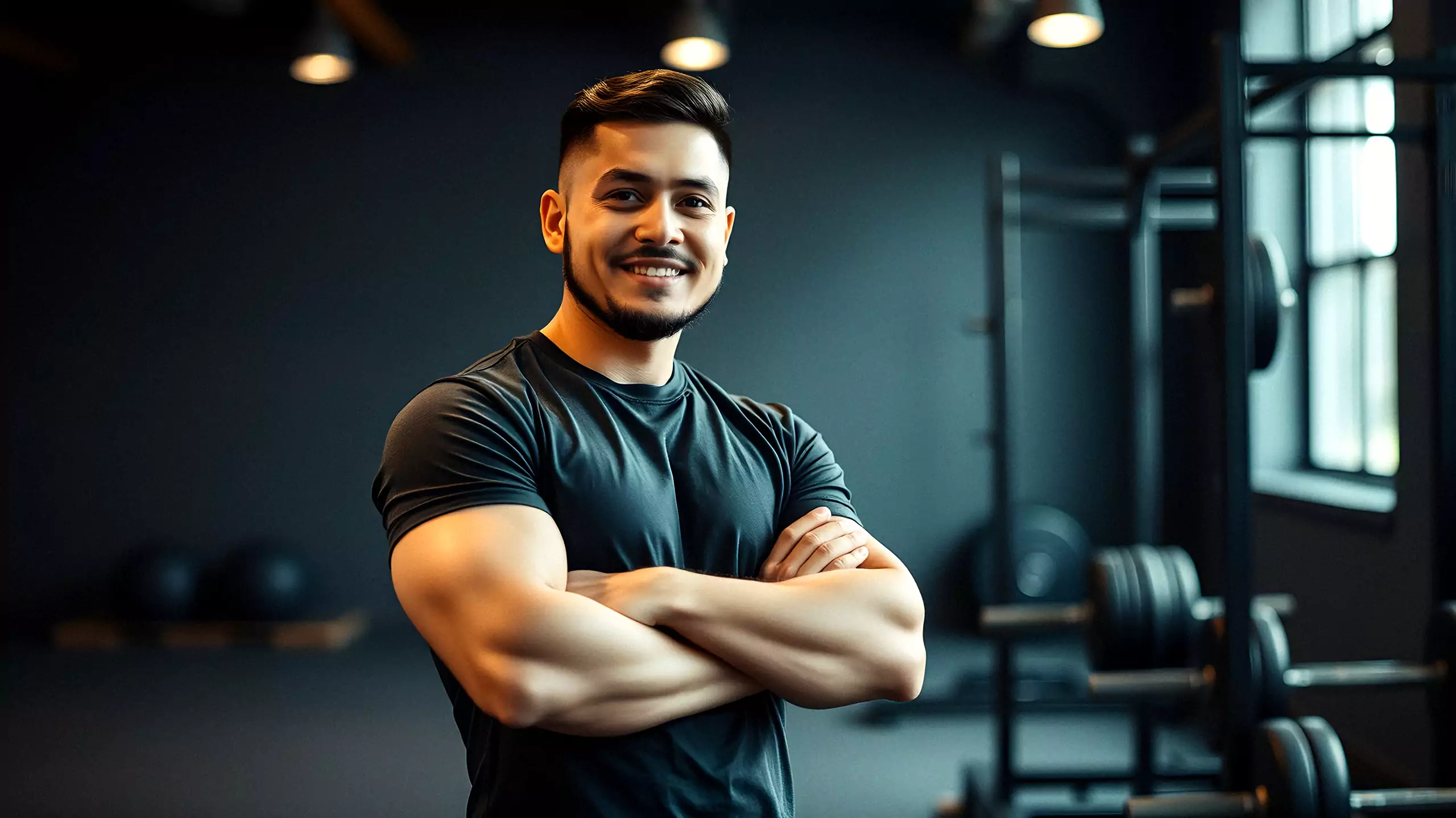 A strength coach in a black training shirt, arms crossed, beside a squat rack