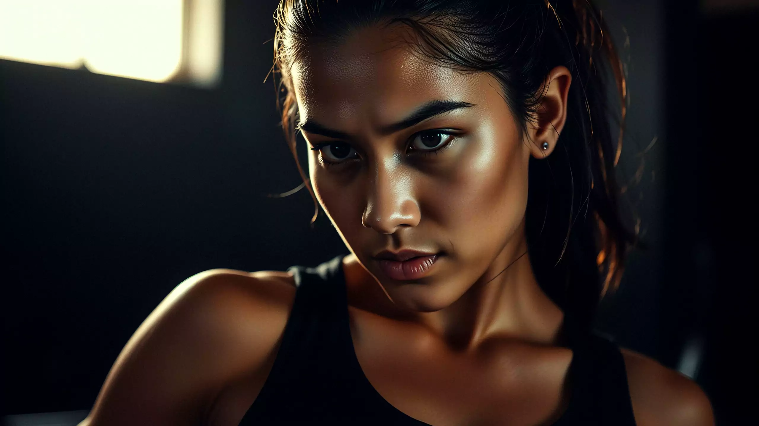 A member staring down the camera in the dark gym, ready to train