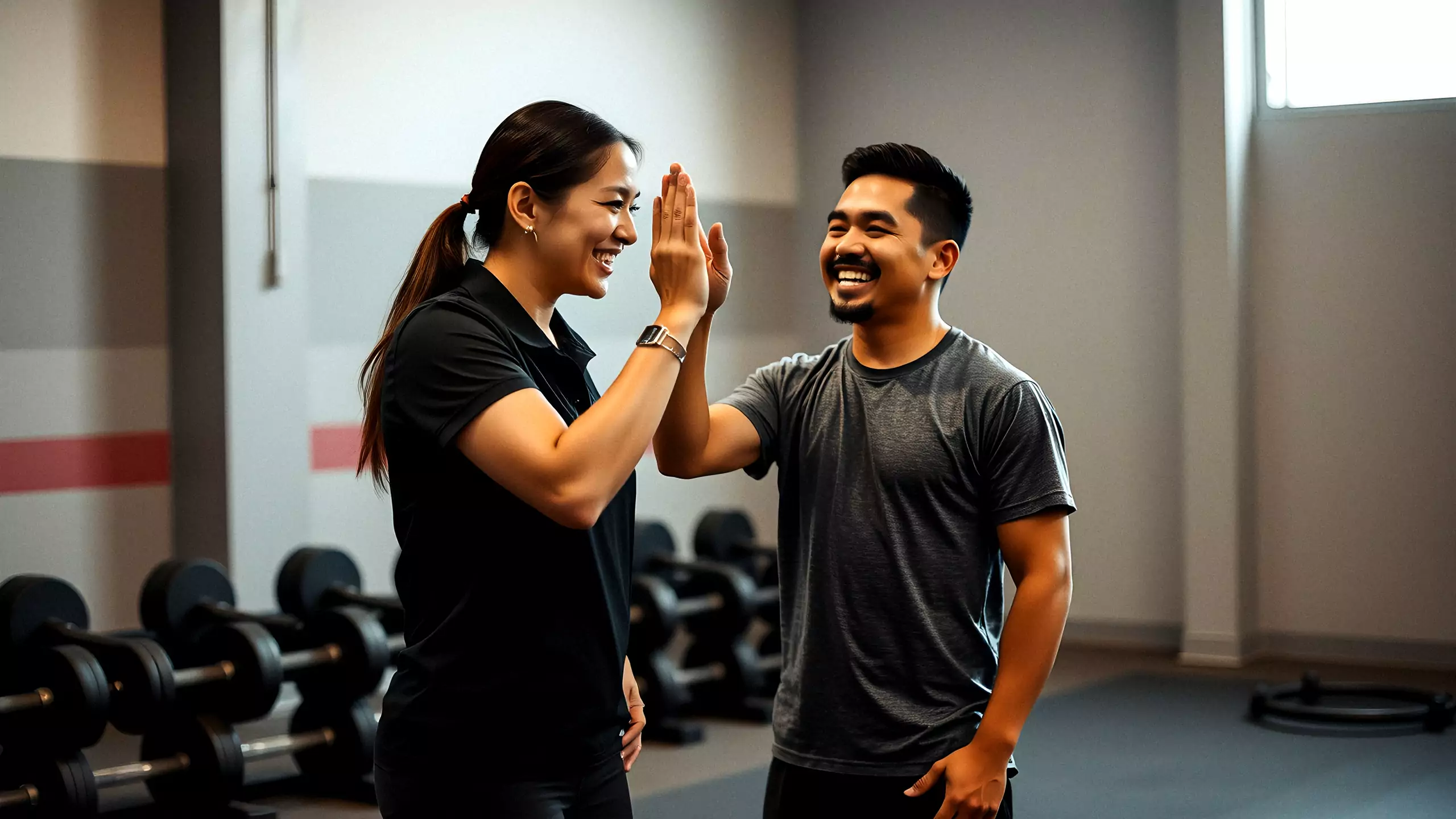 A coach giving a first-time member a high five on the gym floor