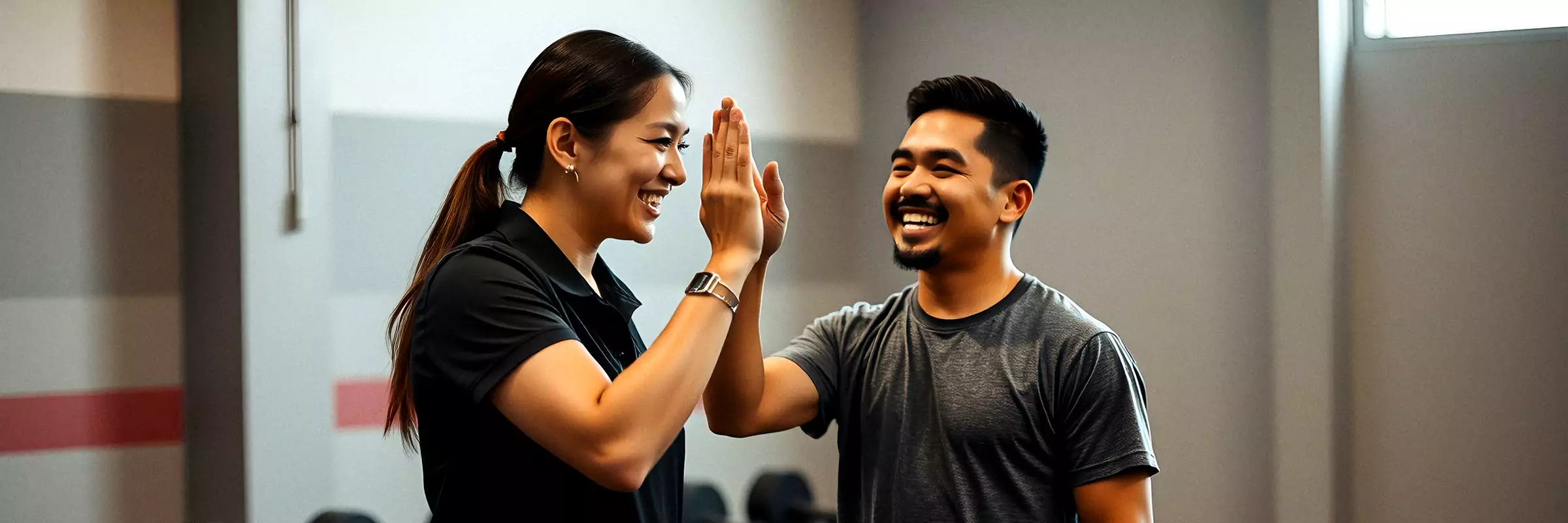 A coach giving a first-time member a high five on the gym floor