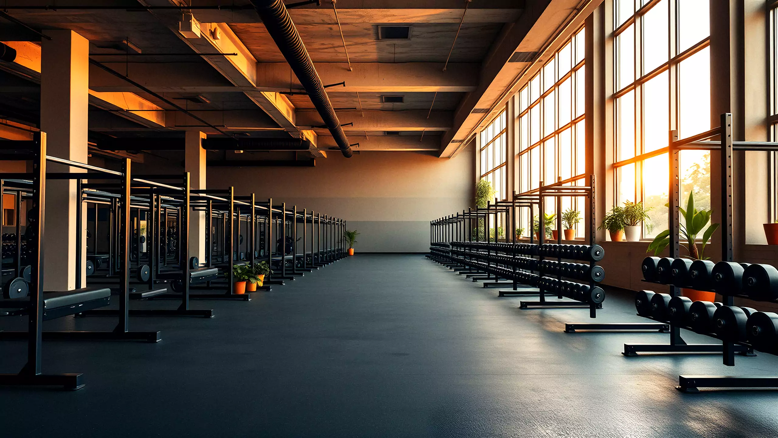The gym floor at golden hour: rows of racks and tall windows