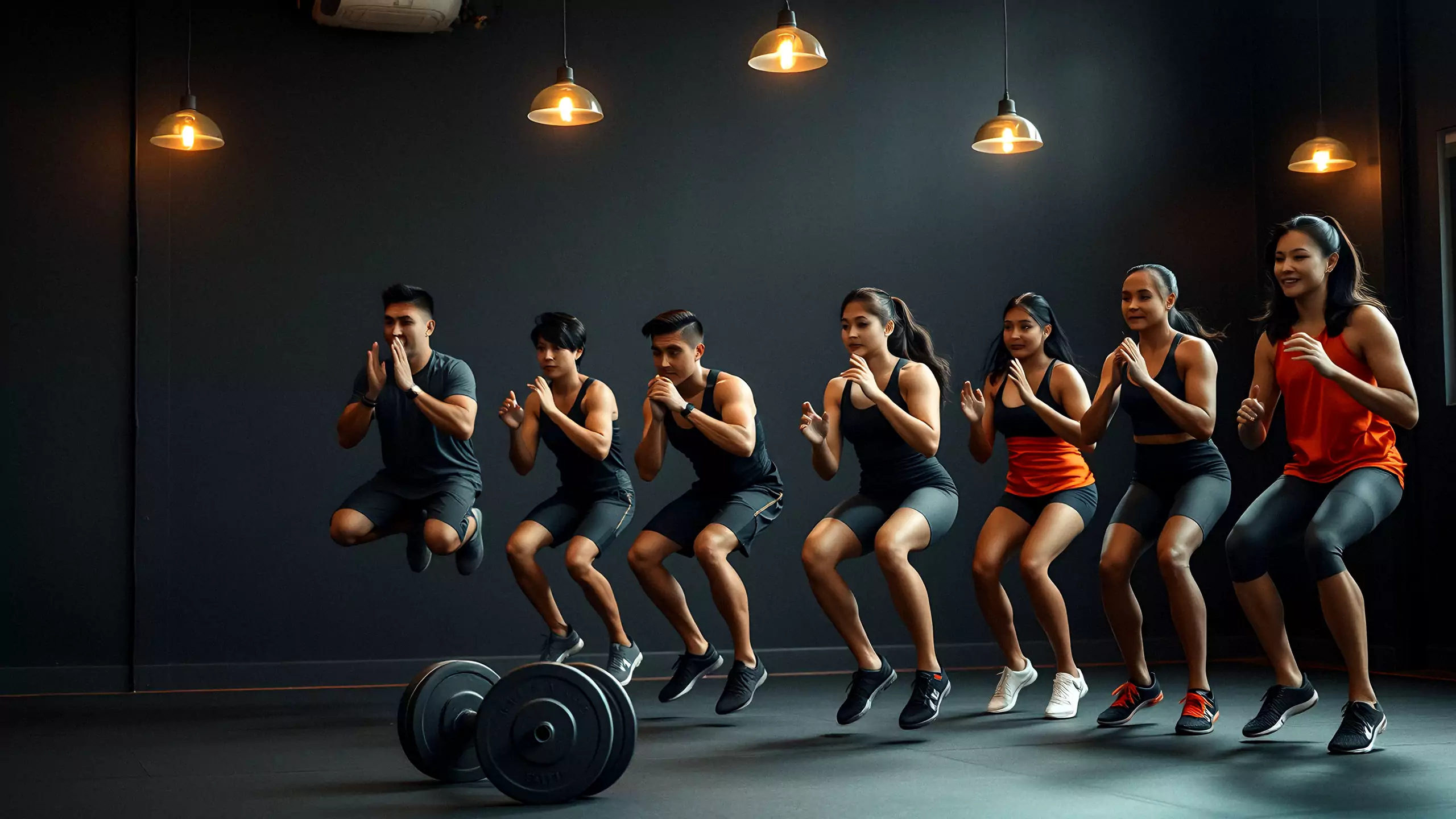 A HIIT class mid jump squat in a studio under warm pendant lights