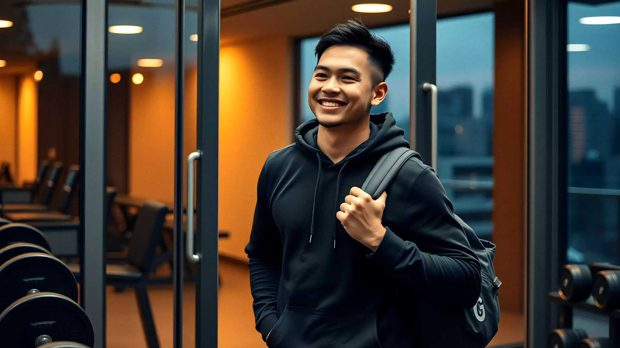 A member arriving at the club at dusk with his gym bag