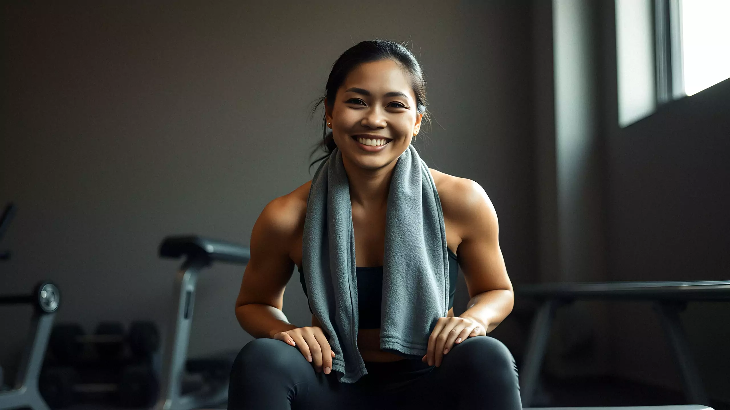 A member resting on a bench after a hard session, towel round her neck