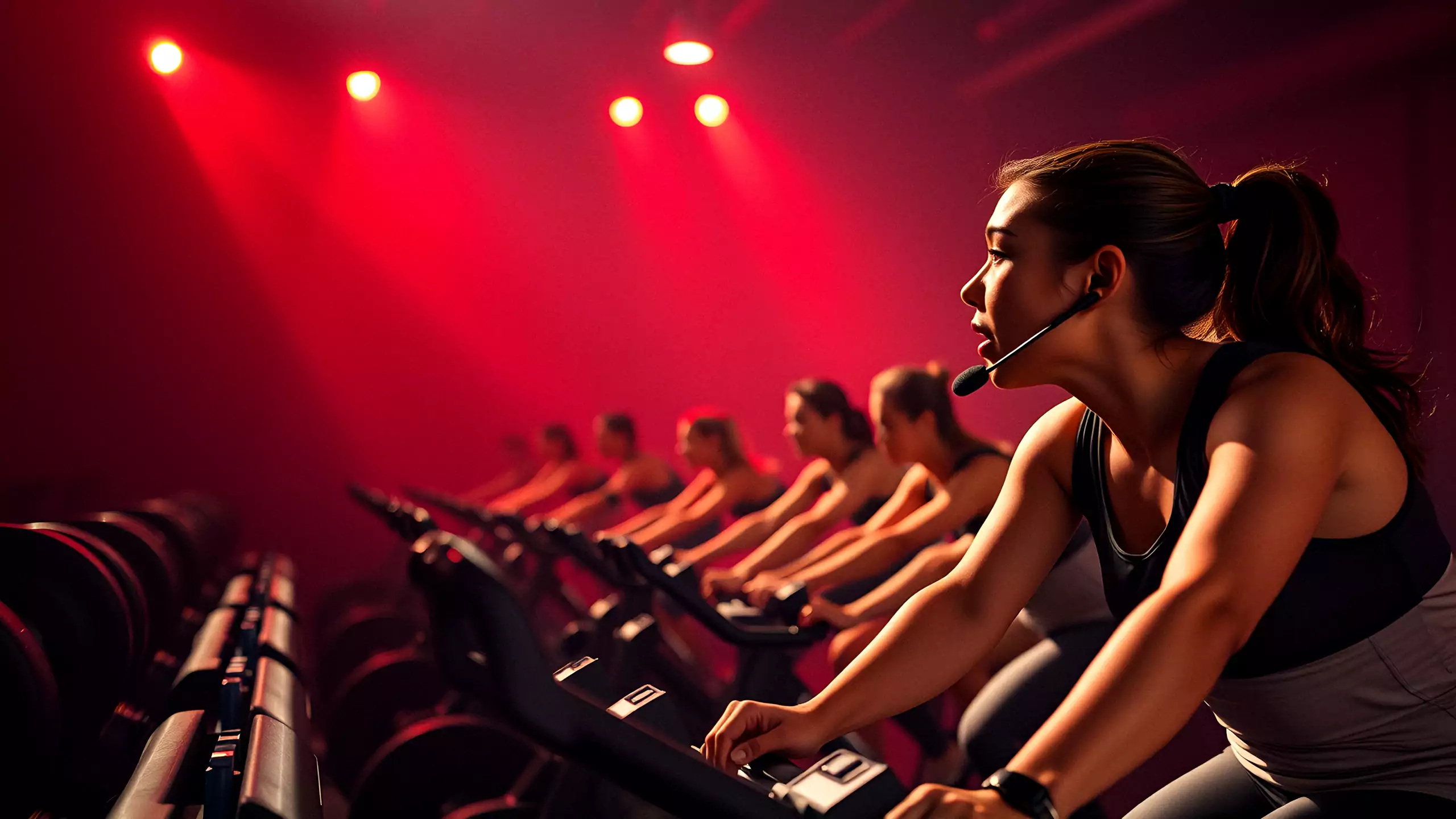 Riders in the cycling studio under red light, the instructor calling the climb