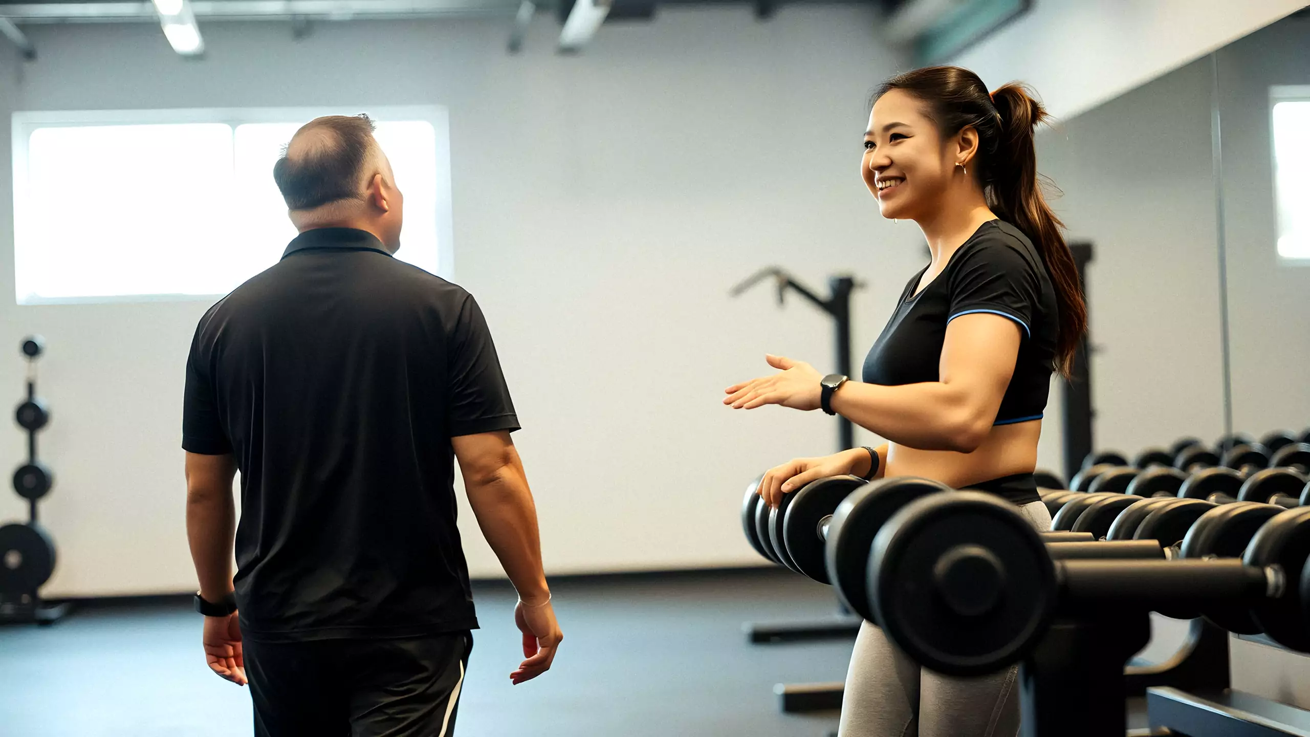 A coach walking a new visitor through the gym