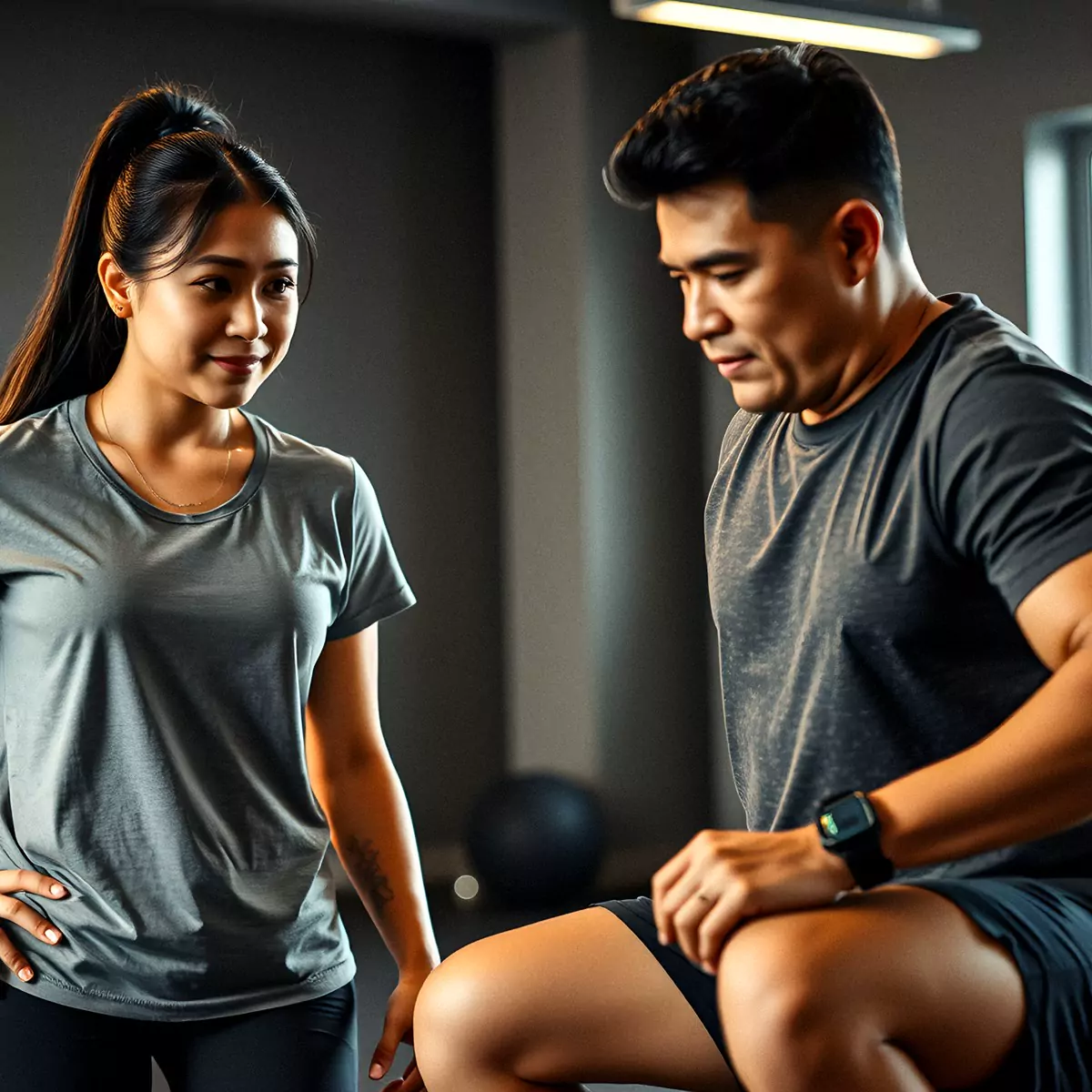 A personal trainer spotting a member's dumbbell bench press