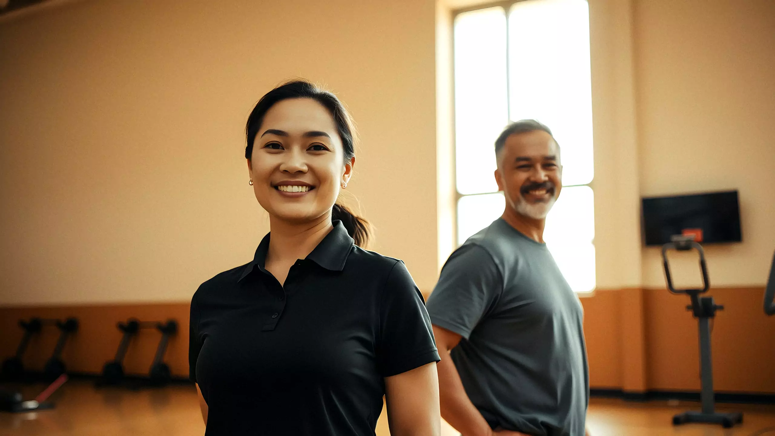The club's coaches and front desk team together on the gym floor