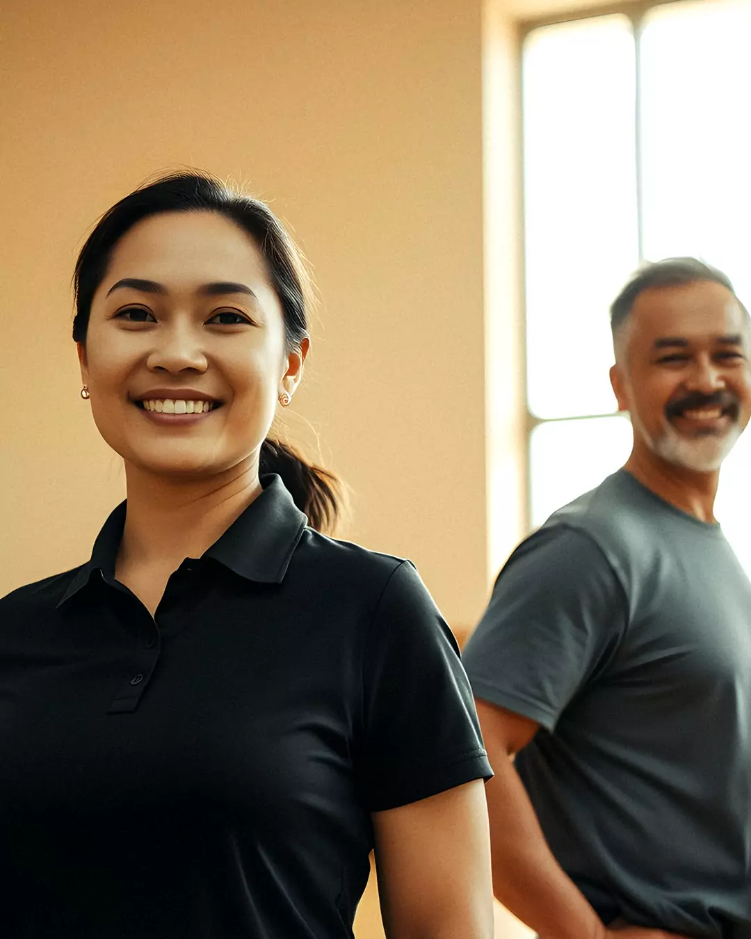 The club's coaches and front desk team together on the gym floor